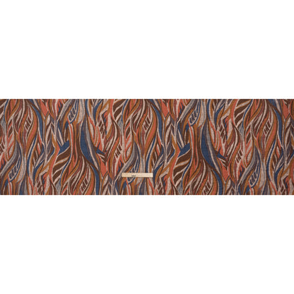 Lightweight Crinkled Rayon and Nylon Woven Print -Terracotta, Brown and Muted Blue Leafy Lines and Texture - Designer Deadstock