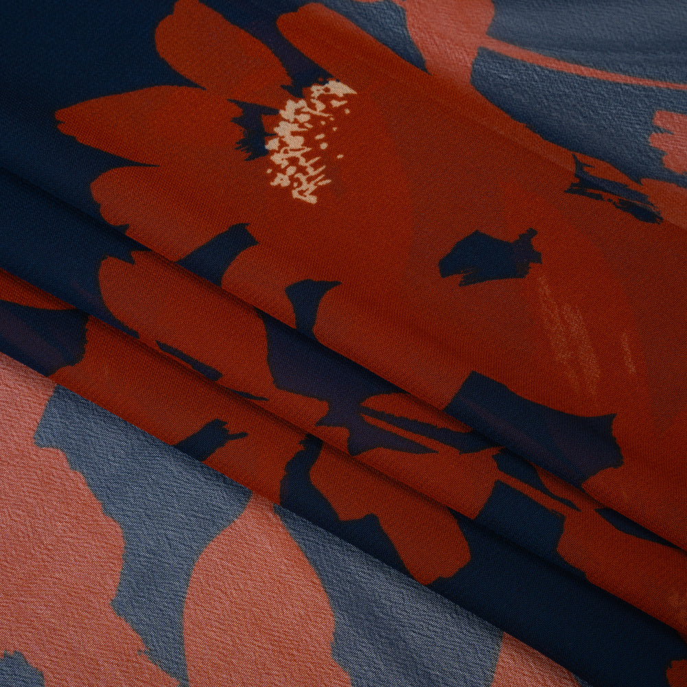 Polyester Chiffon Print - Navy Blue and Rust Floral - Designer Deadstock Detail