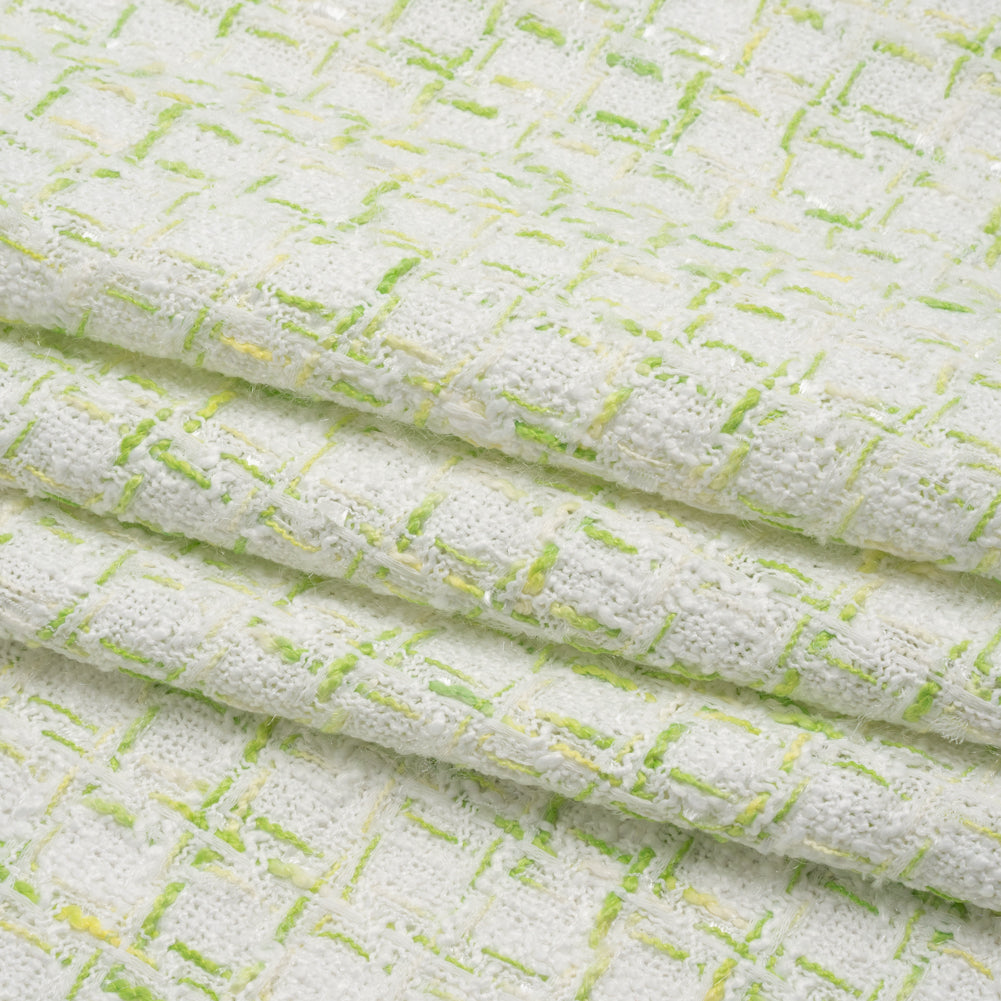 Tweedy Polyester Boucle - White and Lime Green Plaid - Deadstock - Folded