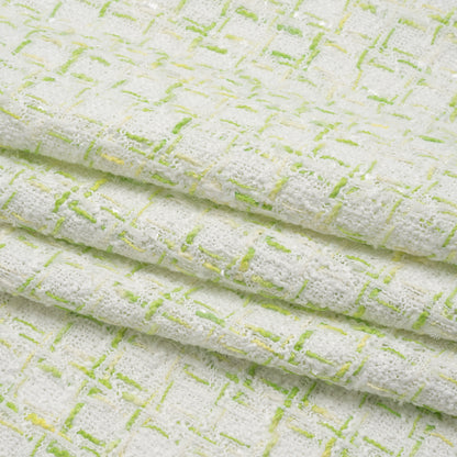 Tweedy Polyester Boucle - White and Lime Green Plaid - Deadstock