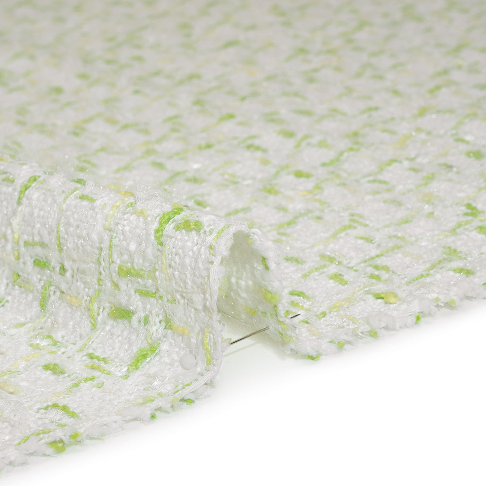 Tweedy Polyester Boucle - White and Lime Green Plaid - Deadstock - Detail