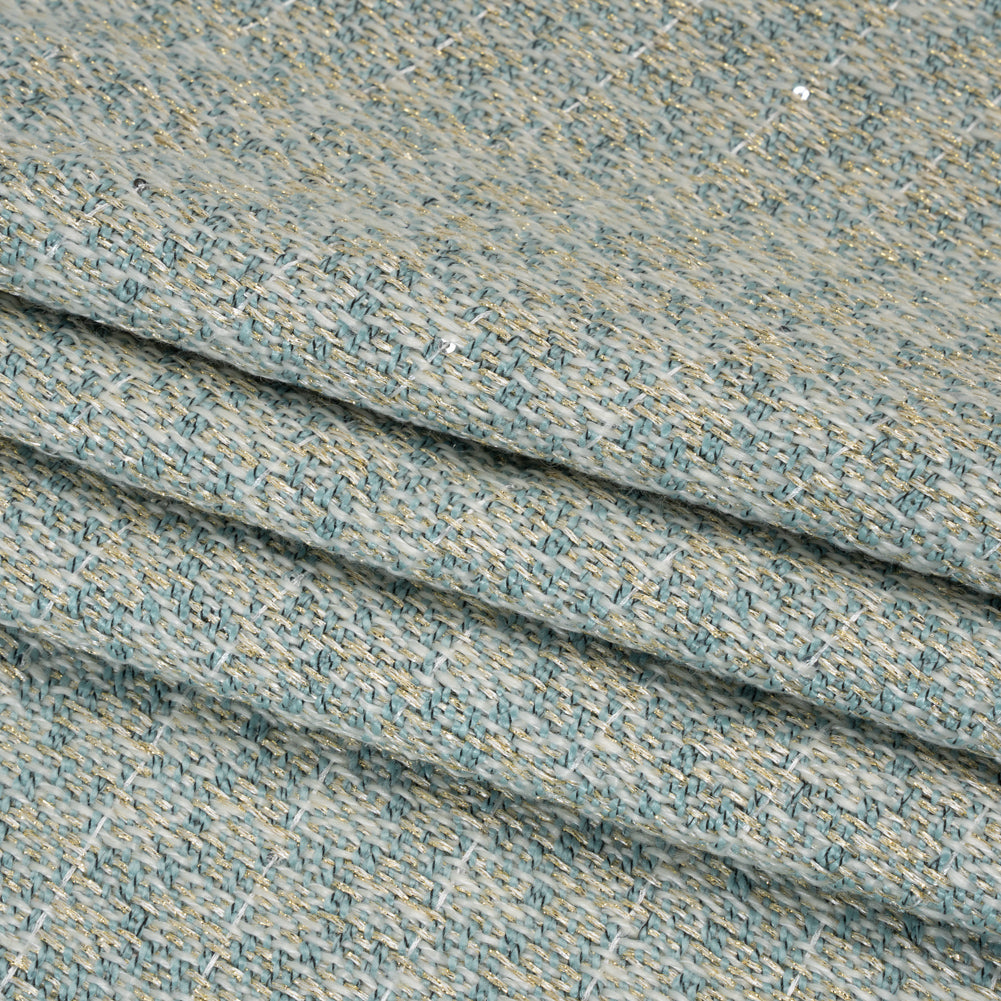 Metallic Wool Blend Tweed with Baby Sequins - Aqua, White and Gold - Deadstock