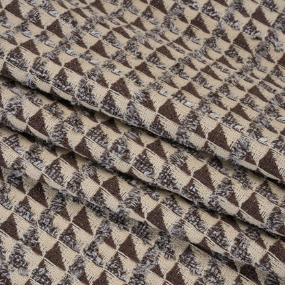 Heavy Polyester Woven with Short Fringe - Ivory and Brown Triangles - Deadstock
