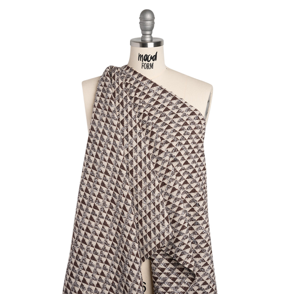 Heavy Polyester Woven with Short Fringe - Ivory and Brown Triangles - Deadstock - Drape