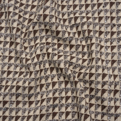 Heavy Polyester Woven with Short Fringe - Ivory and Brown Triangles - Deadstock