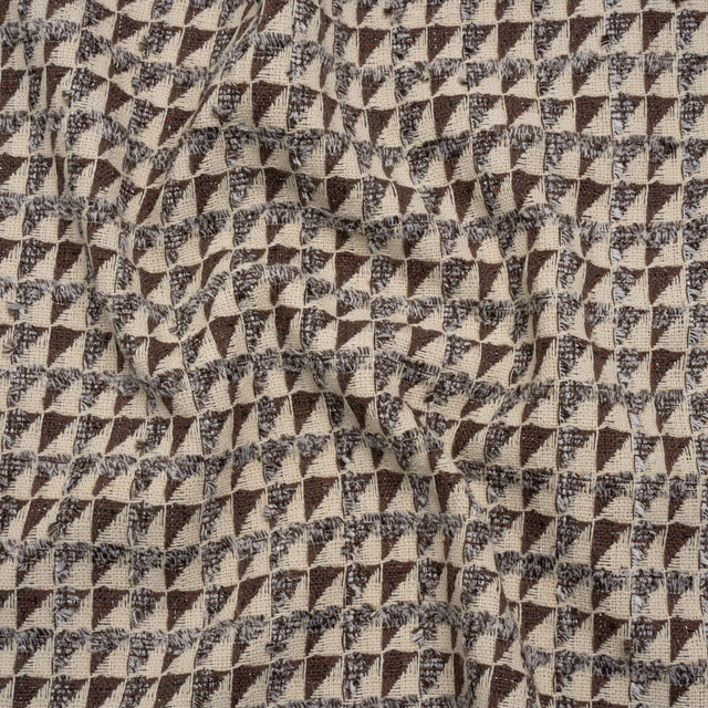 Heavy Polyester Woven with Short Fringe - Ivory and Brown Triangles - Deadstock