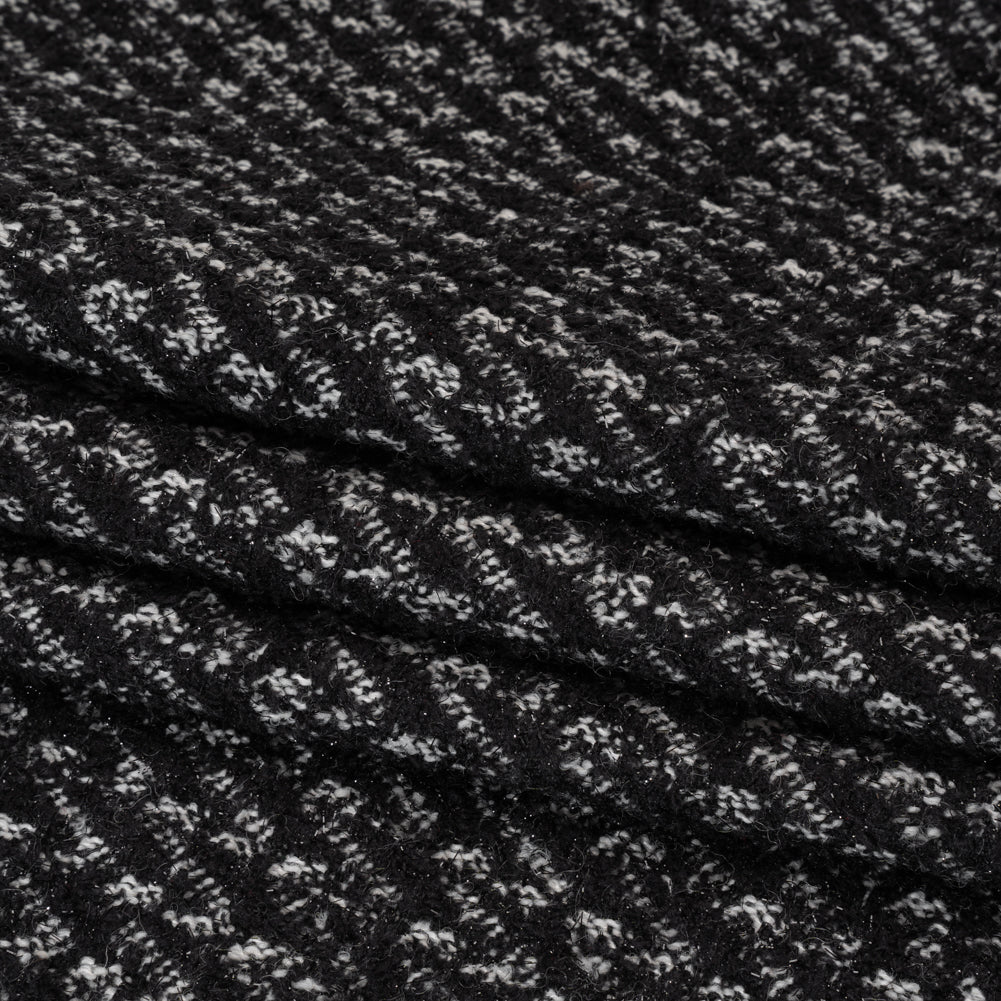 Tweedy Boucle with Metallic Eyelash Fringe - Black and White Abstract Zig Zags - Deadstock
