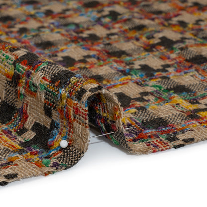Wool Blend Tweedy Boucle Woven - Brown, Beige and Rainbow Blocky Houndstooth
