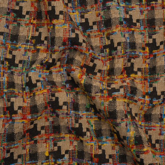 Wool Blend Tweedy Boucle Woven - Brown, Beige and Rainbow Blocky Houndstooth