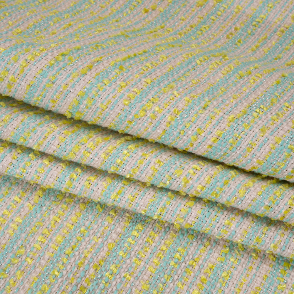 Polyester Tweed with Short Fringe - Pastel Pink, Yellow and Blue Striations - Deadstock - Folded