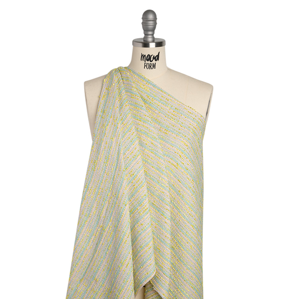 Polyester Tweed with Short Fringe - Pastel Pink, Yellow and Blue Striations - Deadstock - Drape