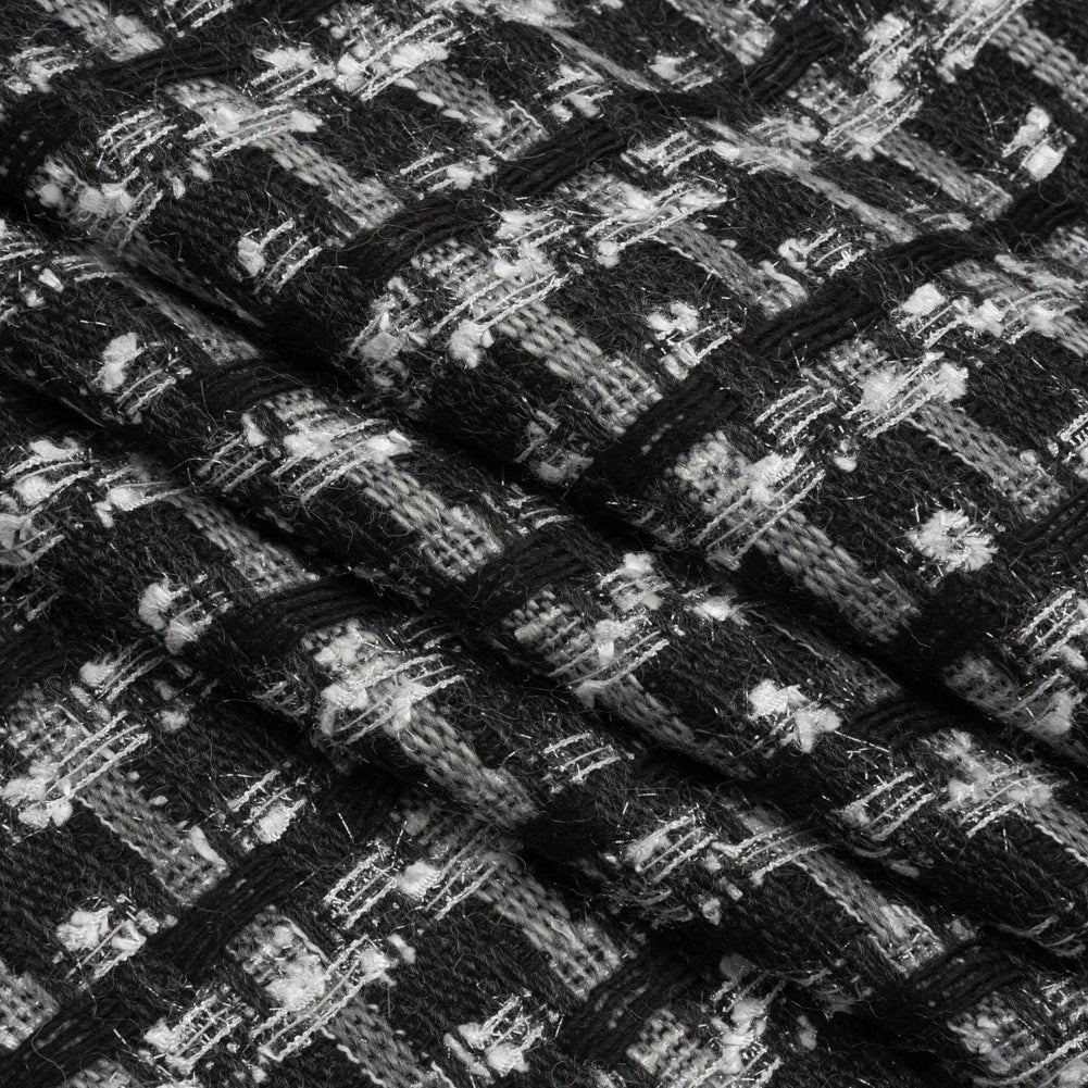 Wool Blend Tweed with Metallic Eyelash Fringe - Black and White Plaid - Deadstock