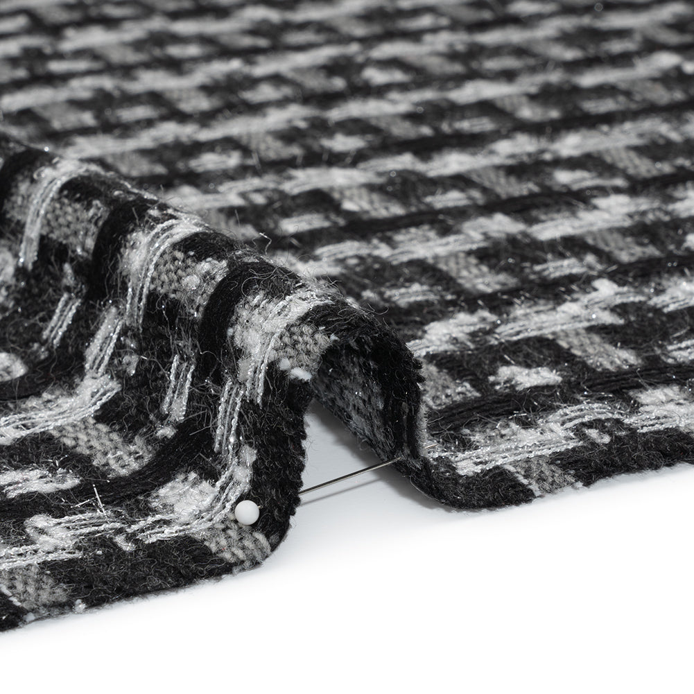 Wool Blend Tweed with Metallic Eyelash Fringe - Black and White Plaid - Deadstock