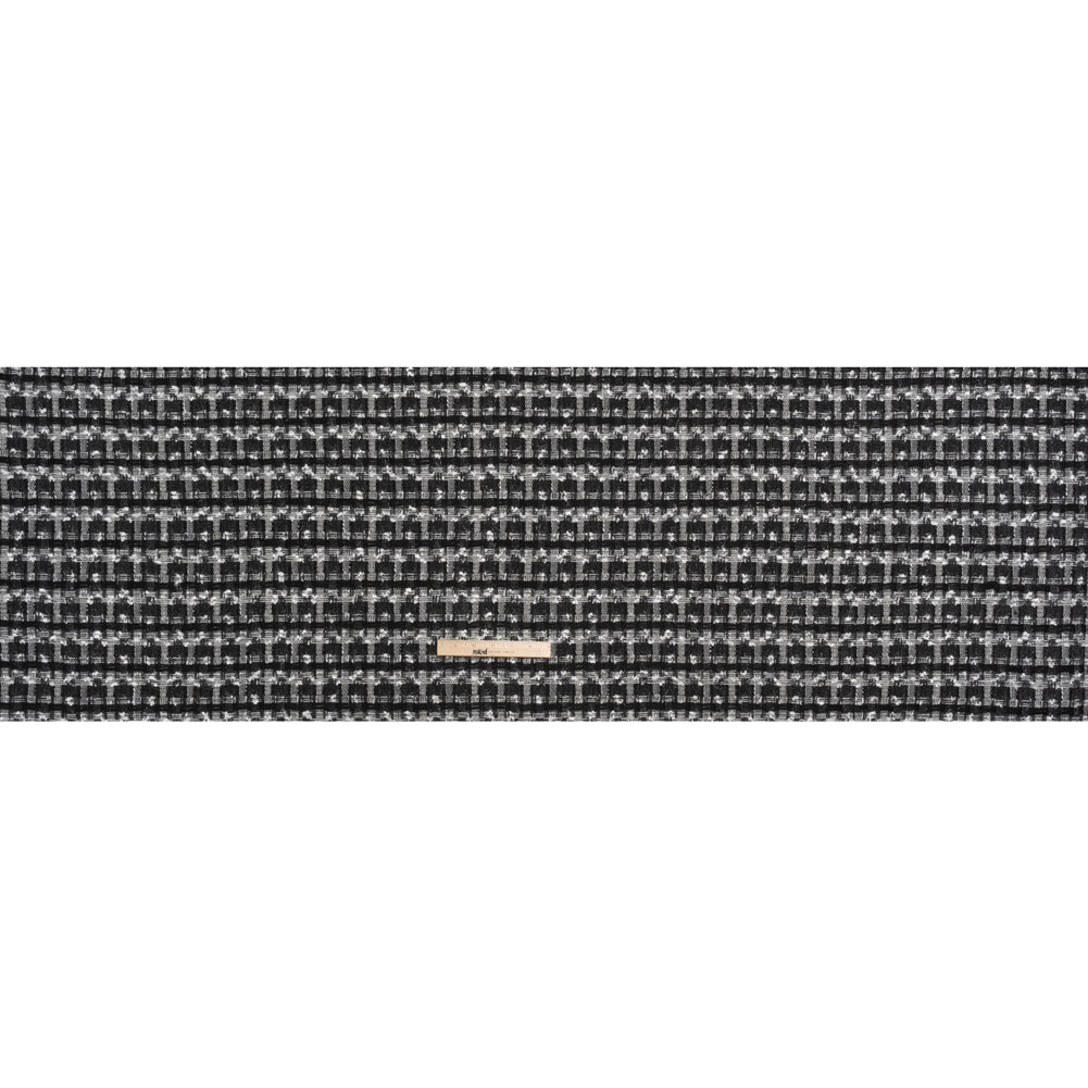 Wool Blend Tweed with Metallic Eyelash Fringe - Black and White Plaid - Deadstock