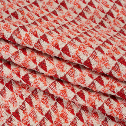 Heavy Polyester Woven with Short Fringe - Ivory and Red Triangles - Deadstock