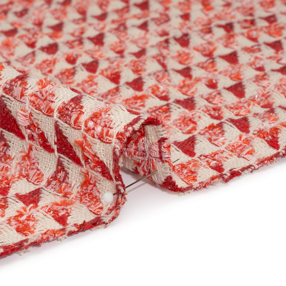 Heavy Polyester Woven with Short Fringe - Ivory and Red Triangles - Deadstock - Detail