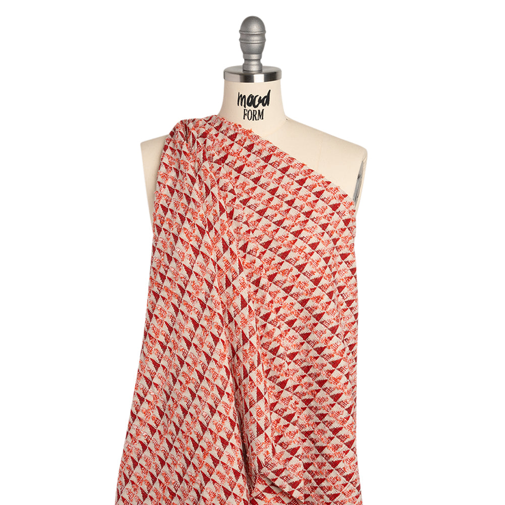 Heavy Polyester Woven with Short Fringe - Ivory and Red Triangles - Deadstock - Drape