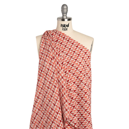 Heavy Polyester Woven with Short Fringe - Ivory and Red Triangles - Deadstock