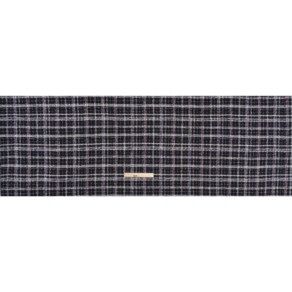 Tweedy Boucle Woven with Metallic Eyelash Fringe - Navy, White and Red Plaid - Deadstock