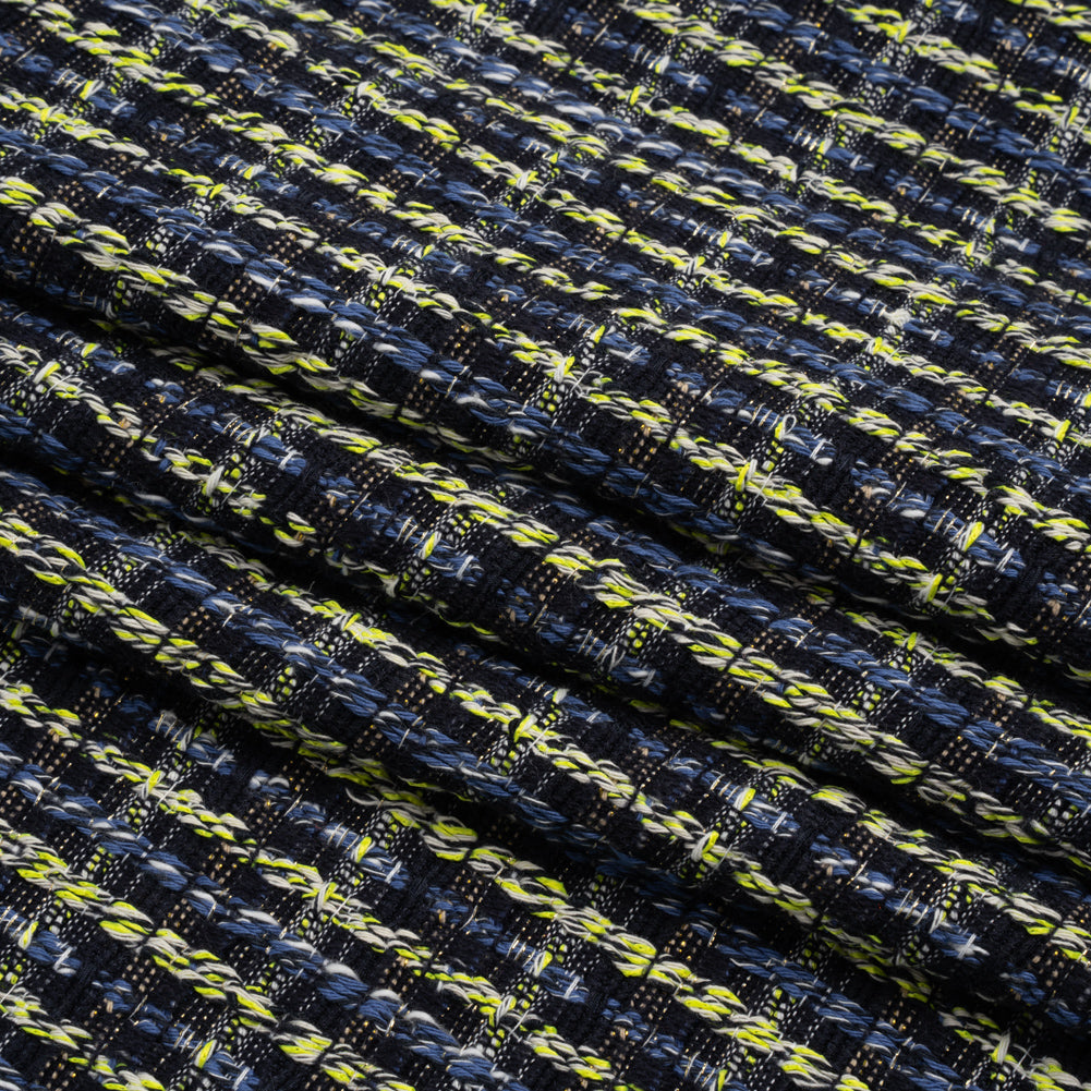 Cotton and Polyester Woven Tweed - Blue and Lime Green Ribbed Plaid - Deadstock