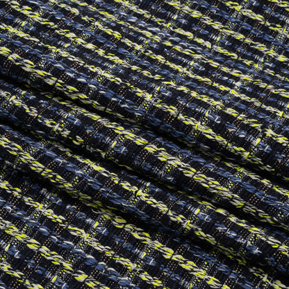 Cotton and Polyester Woven Tweed - Blue and Lime Green Ribbed Plaid - Deadstock