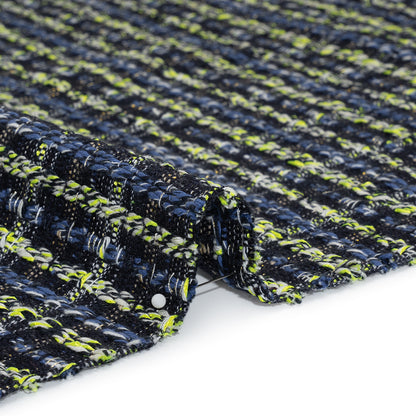 Cotton and Polyester Woven Tweed - Blue and Lime Green Ribbed Plaid - Deadstock