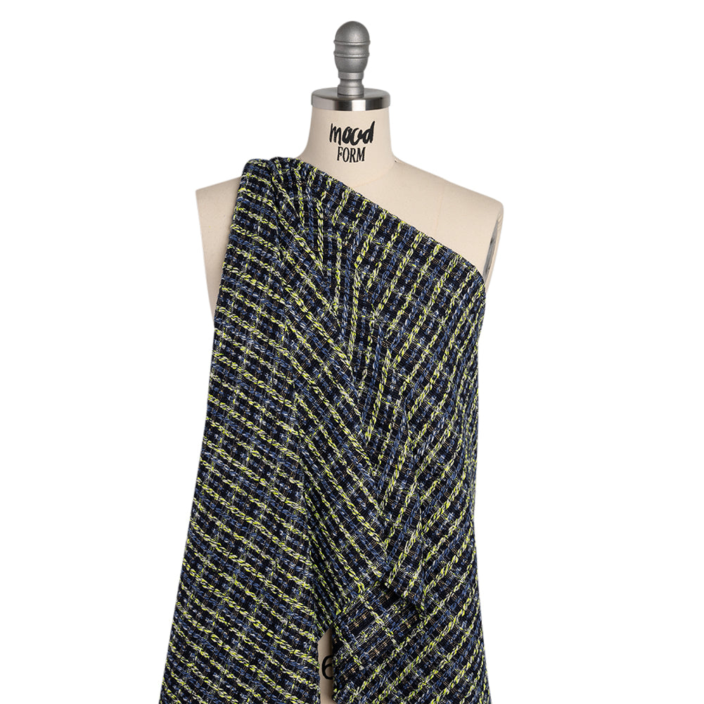 Cotton and Polyester Woven Tweed - Blue and Lime Green Ribbed Plaid - Deadstock