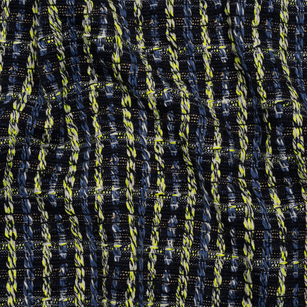 Cotton and Polyester Woven Tweed - Blue and Lime Green Ribbed Plaid - Deadstock