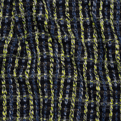 Cotton and Polyester Woven Tweed - Blue and Lime Green Ribbed Plaid - Deadstock