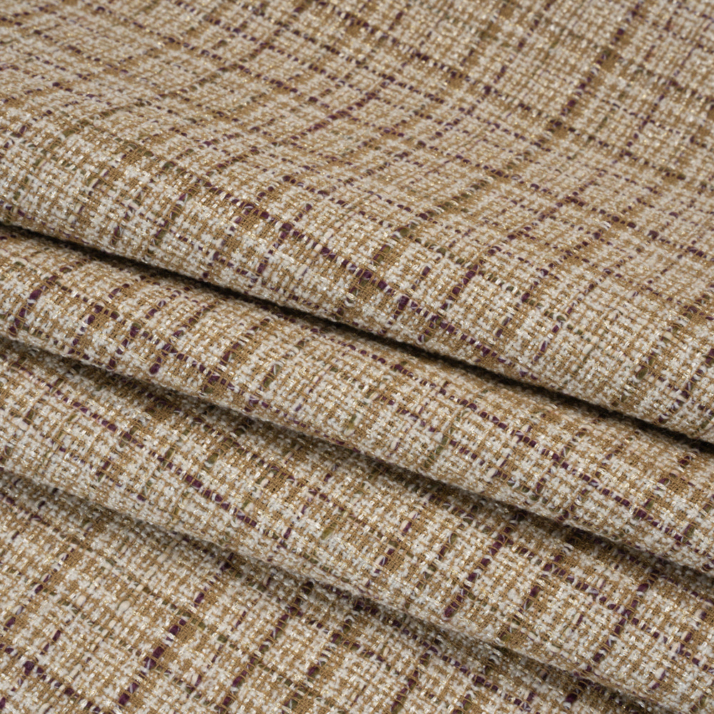 Metallic Polyester Tweed - Beige, White and Burgundy Plaid with Gold Accents - Deadstock
