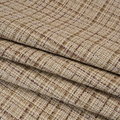 Metallic Polyester Tweed - Beige, White and Burgundy Plaid with Gold Accents - Deadstock