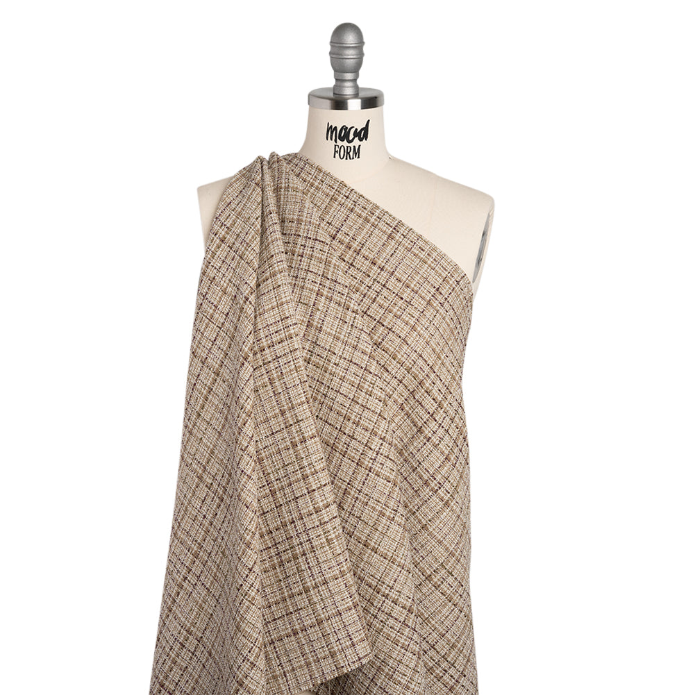 Metallic Polyester Tweed - Beige, White and Burgundy Plaid with Gold Accents - Deadstock