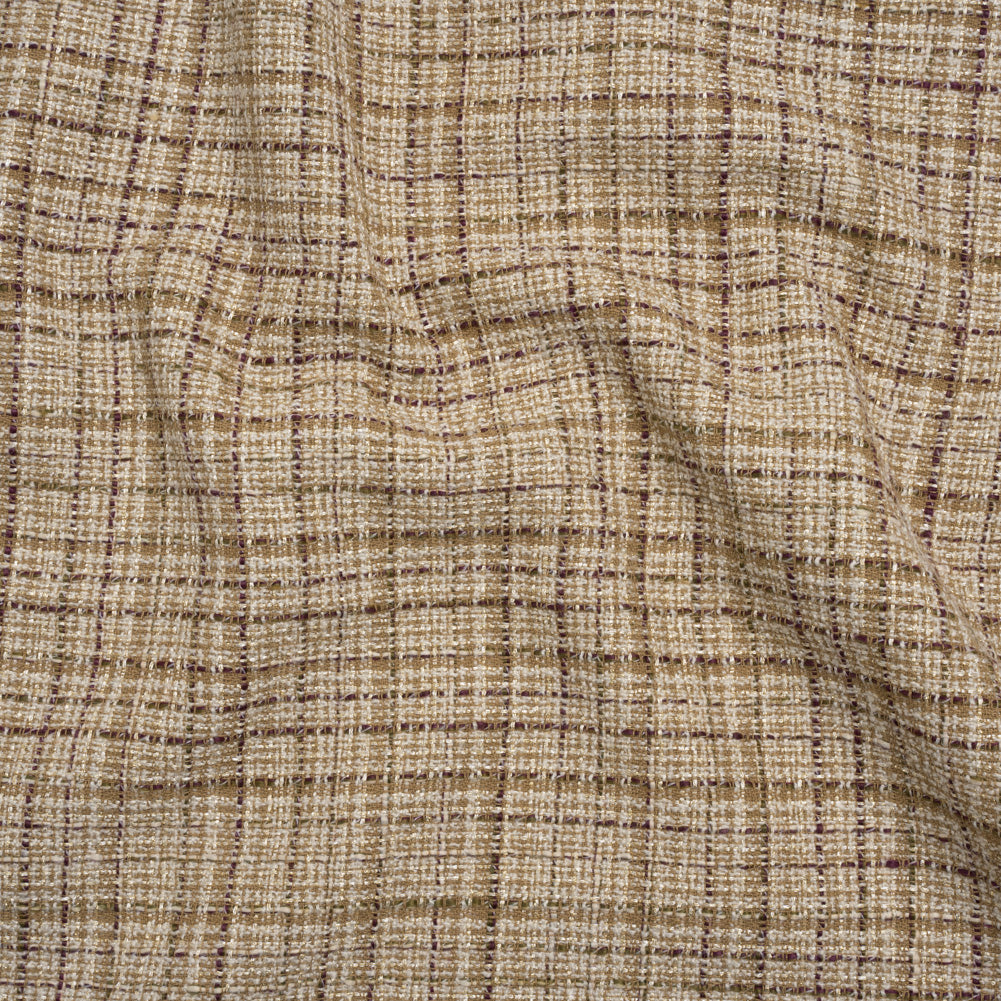 Metallic Polyester Tweed - Beige, White and Burgundy Plaid with Gold Accents - Deadstock