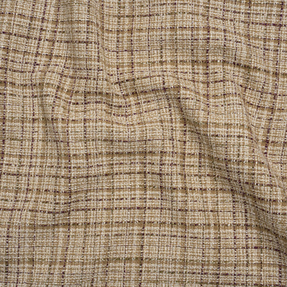 Metallic Polyester Tweed - Beige, White and Burgundy Plaid with Gold Accents - Deadstock
