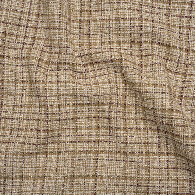 Metallic Polyester Tweed - Beige, White and Burgundy Plaid with Gold Accents - Deadstock