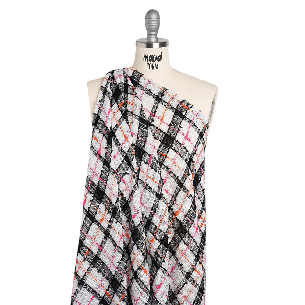 Slubbed Gauzy Polyester Woven - Black, White and Pink Plaid - Deadstock