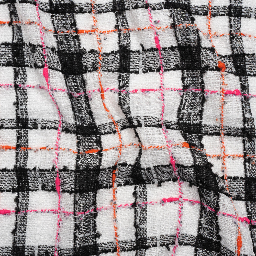 Slubbed Gauzy Polyester Woven - Black, White and Pink Plaid - Deadstoc