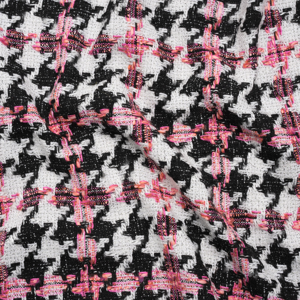 Tweedy Boucle Woven - Black, White and Pink Houndstooth - Deadstock