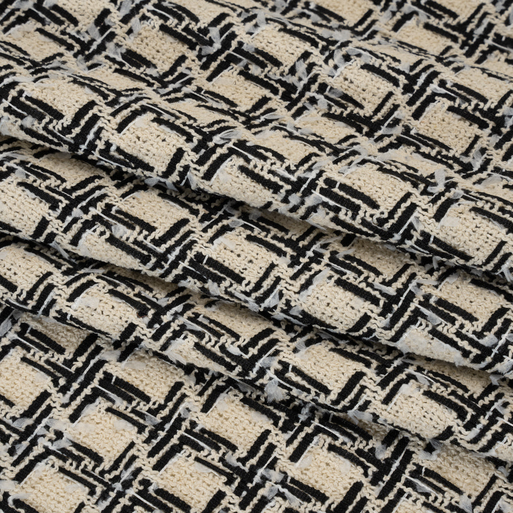 Wool Blend Boucle Tweed - Ivory and Black Houndstooth - Deadstock