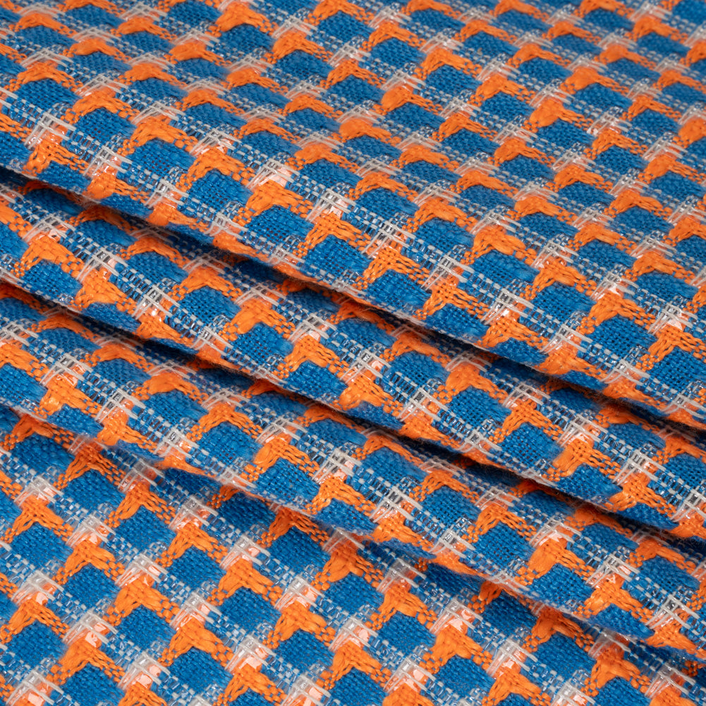 Polyester Woven - Blue, Orange and White Plaid - Deadstock - Folded
