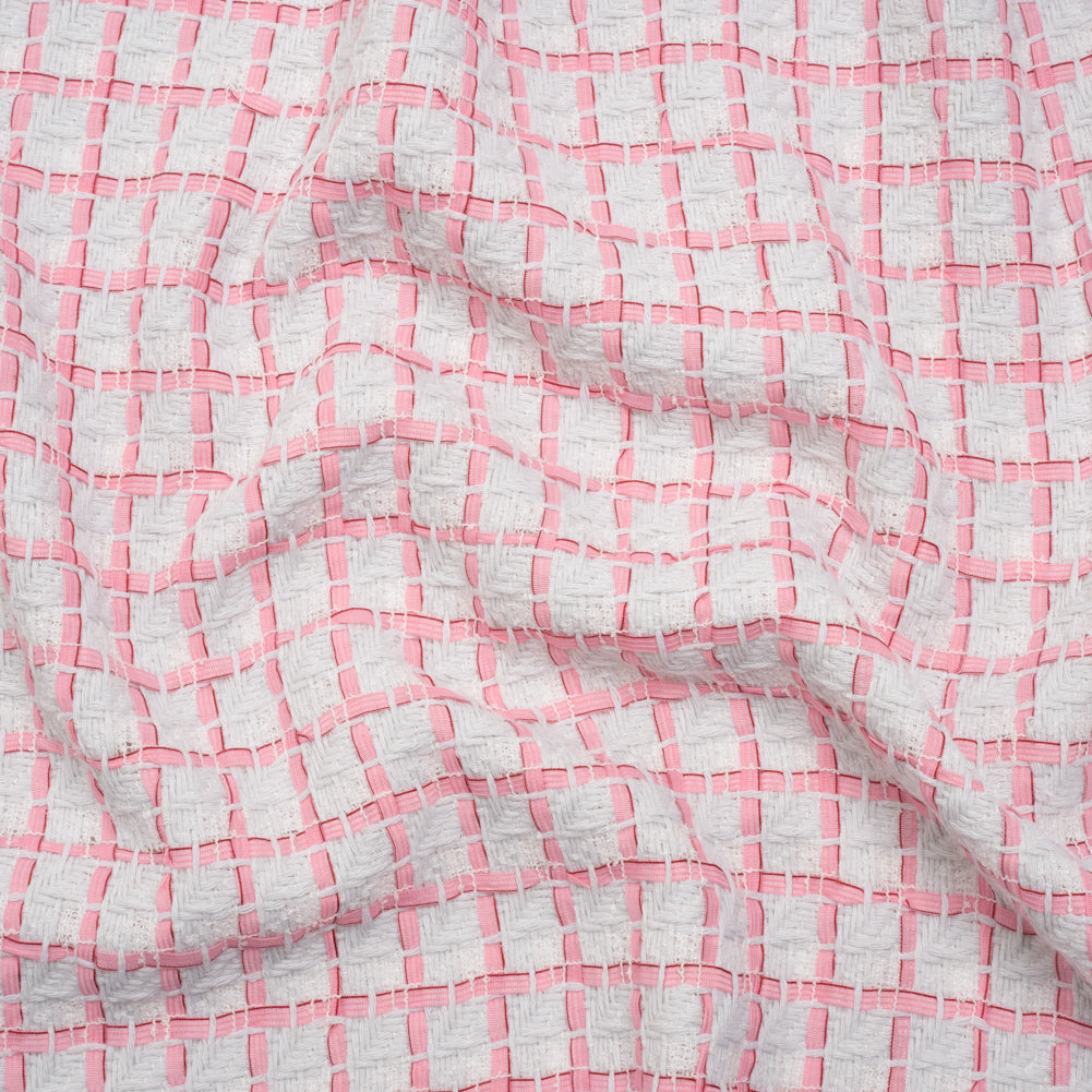 Tweedy Polyester Woven - White and Pink Ribbon Windowpane Checks - Dea