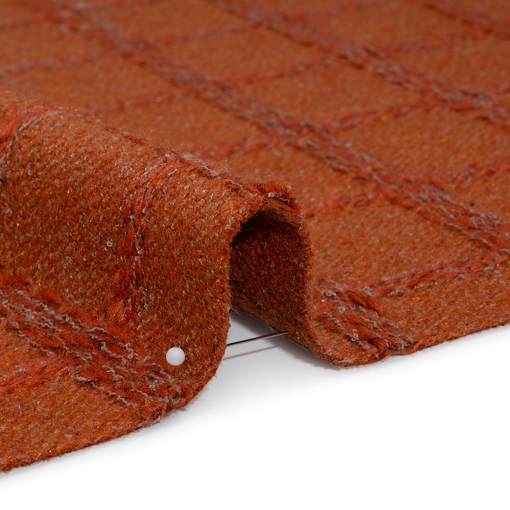 Wool Blend Boucle Tweed - Burnt Orange and Taupe Raised Windowpane Checks - Deadstock - Detail