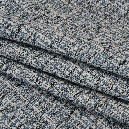 Polyester Tweed with Clear Eyelash Fringe - Blue, White and Black Abstract - Deadstock