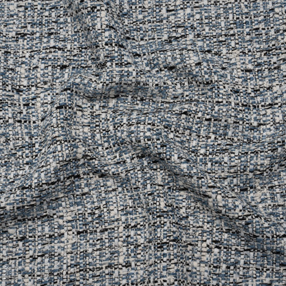 Polyester Tweed with Clear Eyelash Fringe - Blue, White and Black Abstract - Deadstock