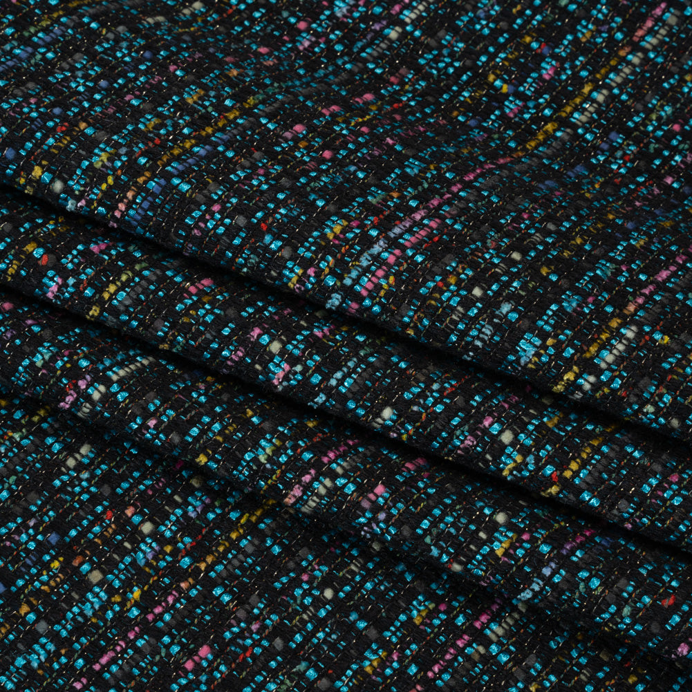 Polyester Tweed with Metallic Gold Strands - Turquoise, Black and Pink Striations - Deadstock