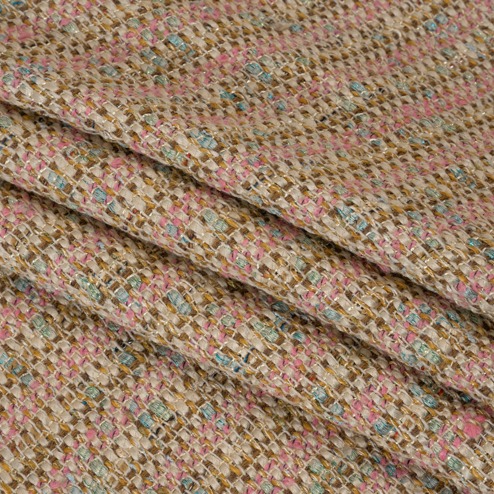 Metallic Polyester Tweed - Pink, Beige and Blue Stripes - Deadstock