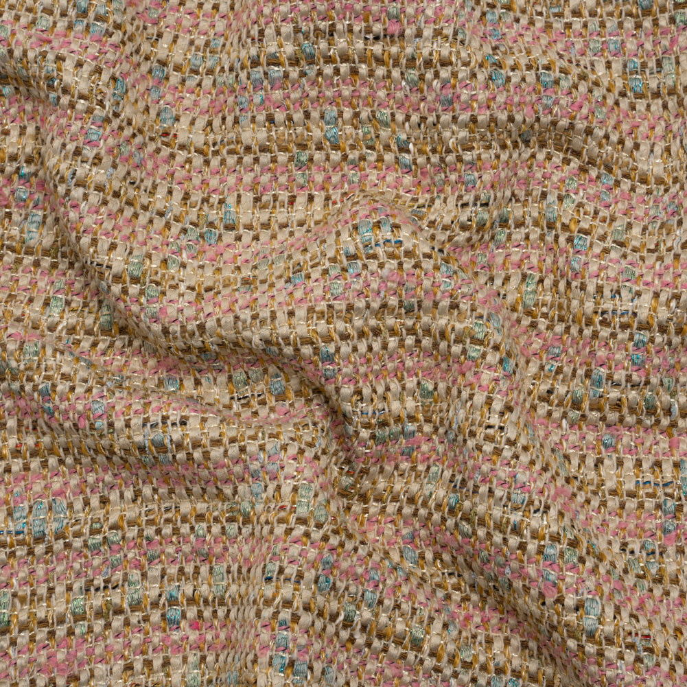 Metallic Polyester Tweed - Pink, Beige and Blue Stripes - Deadstock