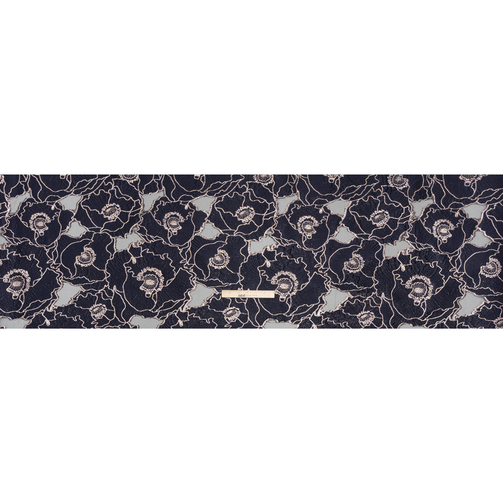 Metallic Burnout Brocade - Navy Blue and Rose Gold All-Over Outlined Flowers