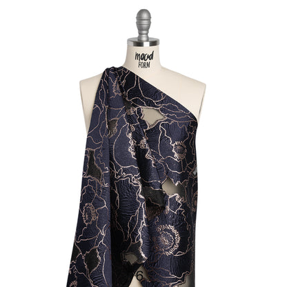 Metallic Burnout Brocade - Navy Blue and Rose Gold All-Over Outlined Flowers