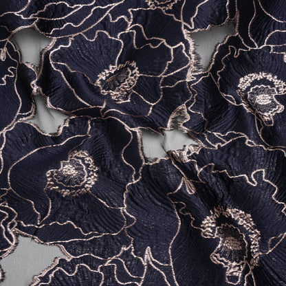 Metallic Burnout Brocade - Navy Blue and Rose Gold All-Over Outlined Flowers